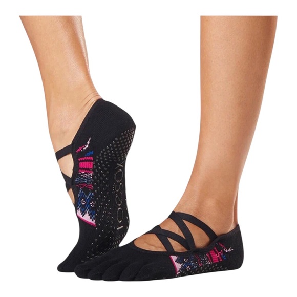ToeSox NIP Elle Full Toe Non-Slip Grip Socks Woodstock Black Pink Print Medium - Picture 1 of 9